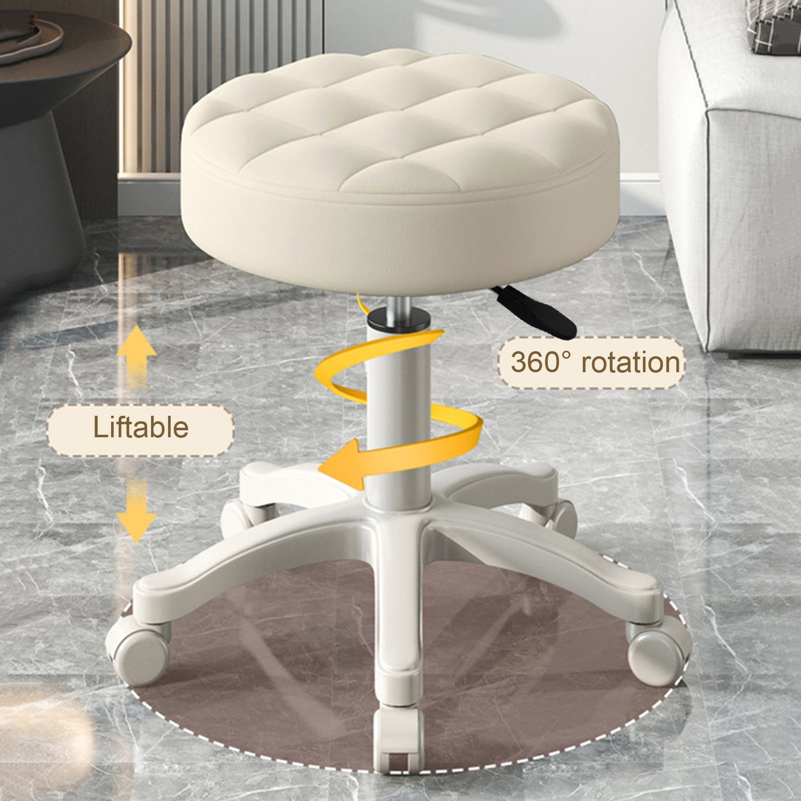 Fompes Round Rolling Stool Chair Faux Leather Height Adjustable Swivel Drafting Work SPA Shop Salon Stools with Wheels Small Chair Armless Backless SPA Salon Bar Cafe Home Office Stool (Beige)