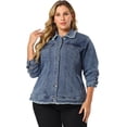 thumbnail image 4 of Women's Plus Size Denim Jacket Turndown Collar Chest Pocket Frayed Washed Crop Jean Jackets Blue 3X, 4 of 7