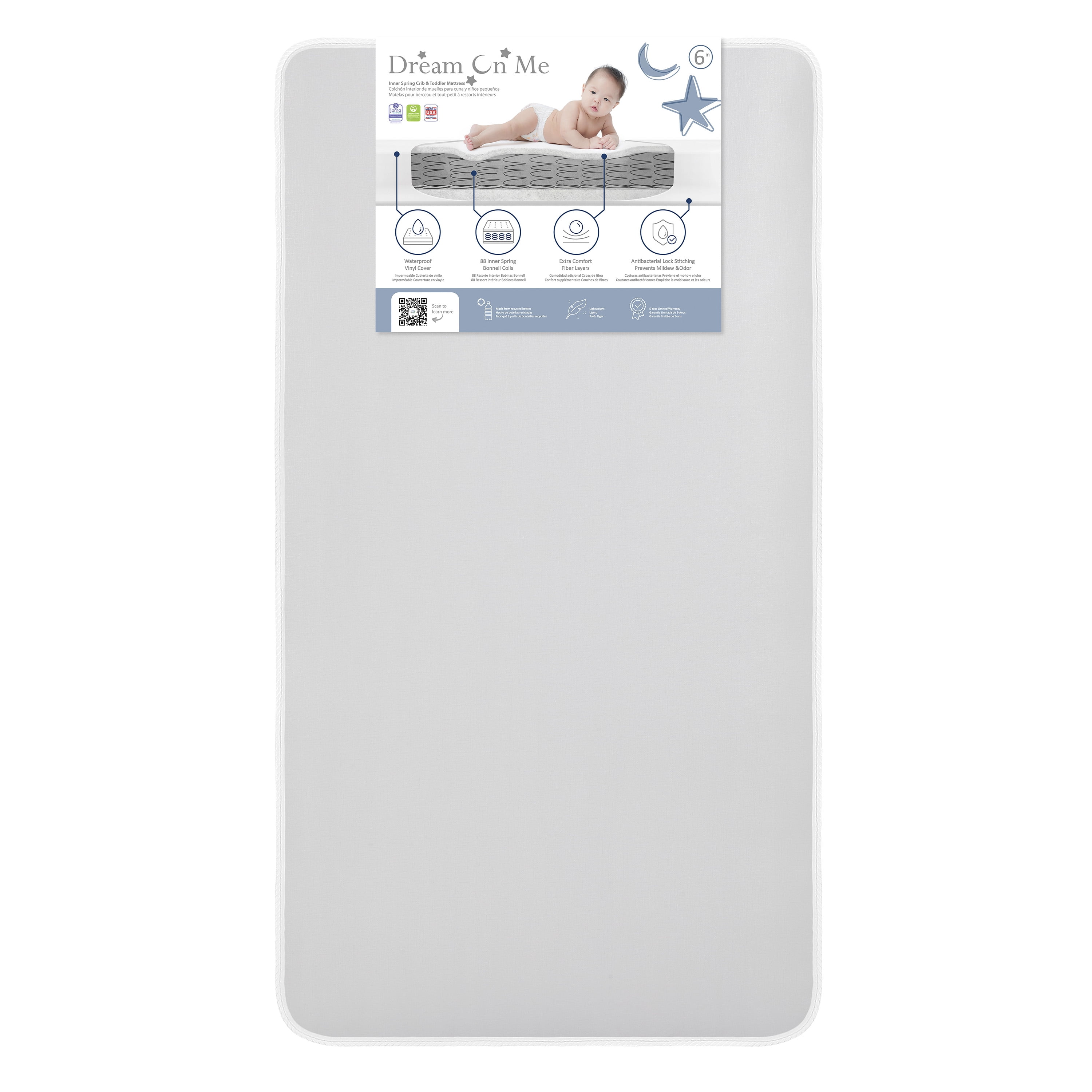 Dream On Me Superior Slumber 6” 112-Coil Inner Spring Crib & Toddler Mattress | Waterproof Vinyl Cover | Greenguard Gold Certified | 10-Year Manufacturer Warranty | Grey