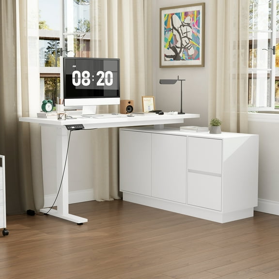KULAGAGA L Shaped Standing Desk Height Adjustable, 54.3" W Electric Sit Stand Desk with Drawers & Storage Cabinet, Reversible Home Office Table Corner Computer Workstation, White (29.5"-44.5" H)