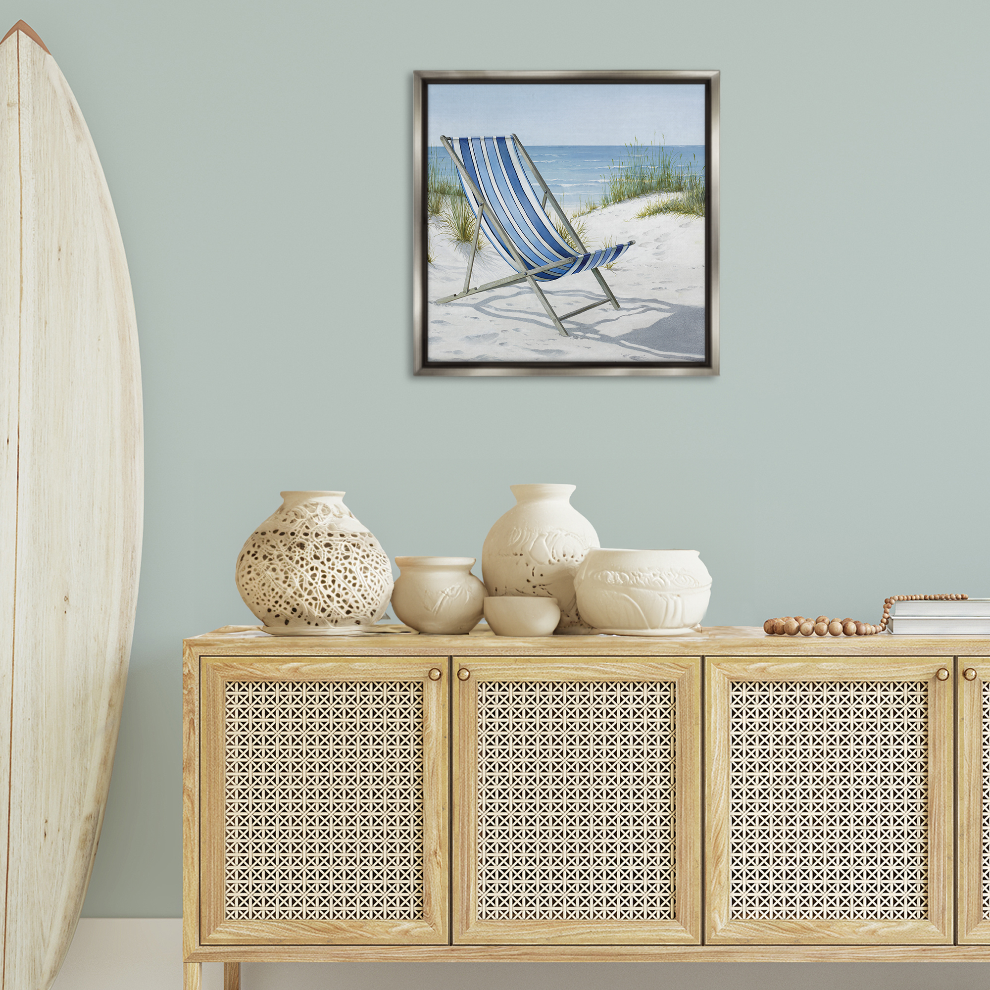 Stupell Industries Tranquil Beach Chair Landscape Painting Gray Floater Framed Canvas Art Print Wall Art, 25 x 25