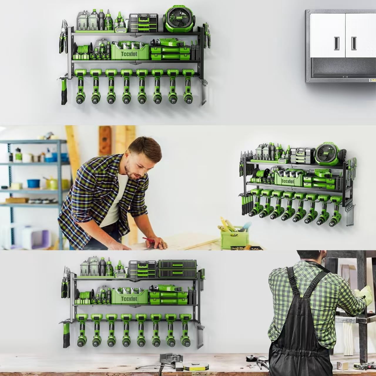 3 Layer Wall Mount Tool Organizer with 8 Drill Slots, Heavy Duty Garage Storage Rack for Tools, Gifts for Men