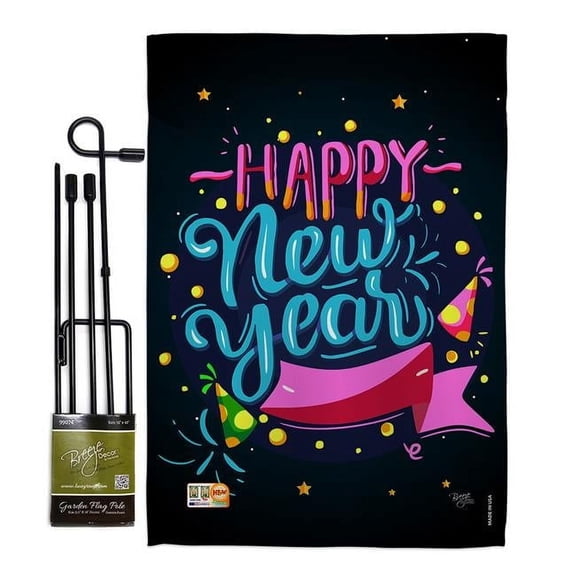 Breeze Decor BD-NE-GS-116010-IP-BO-D-US17-BD 13 x 18.5 in. Popping Happy New Year Winter Impressions Decorative Vertical Double Sided Garden Flag Set with Banner Pole