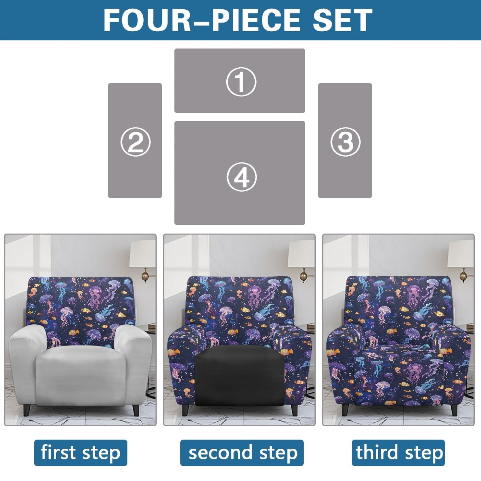 Xoenoiee Jellyfish Fish Print Recliner Slipcover Stretch Reclining Chair Covers 4 Pieces Non Slip Recliner Sofa Slipcovers with Pockets Fitted Sofa Couch Cover Lazy Boy Chair Cover for Pet Kid