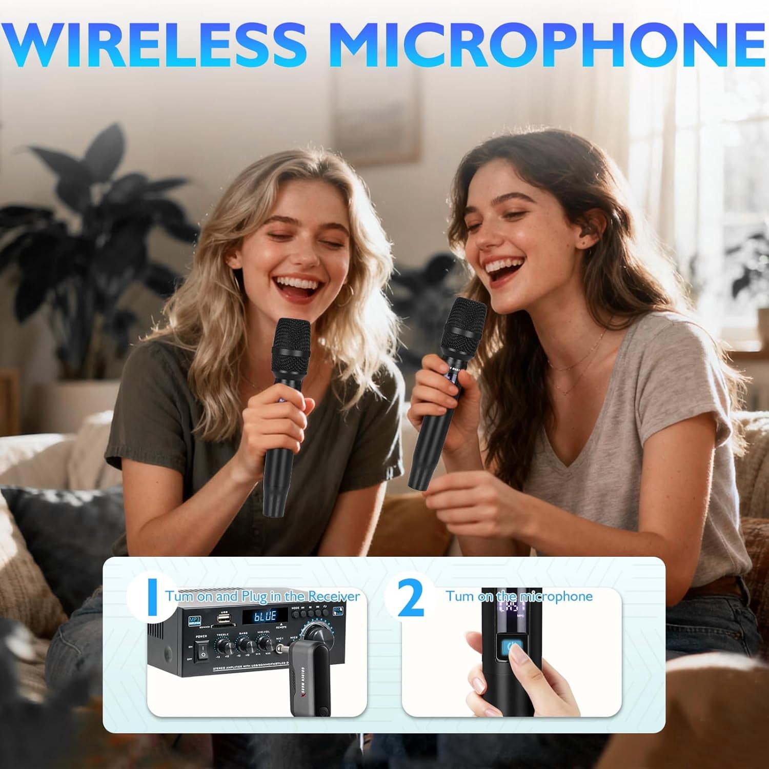 GOLDEN MARS Wireless Microphones, Professional Dual Handheld Dynamic Mic System, Rechargeable Microphone with 300ft Range for Karaoke Singing Wedding DJ Party Speech Church Classroom Meeting