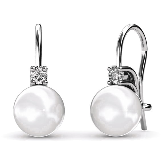 Cate & Chloe Cassie Refined 18k White Gold Pearl Drop Earrings w/ Swarovski Crytals, Women's Gold Earrings, Pearl Dangle Earrings for Women, Wedding Anniversary Special Occasion Jewelry - MSRP $119