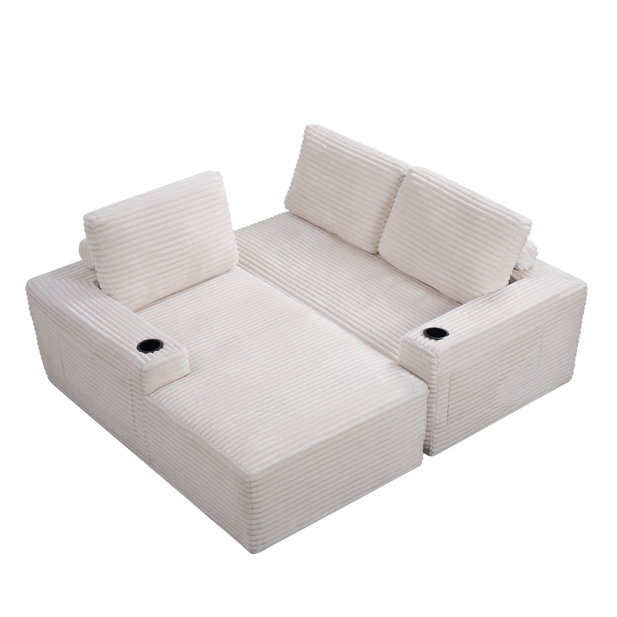 L-Shape Cloud Couch Cup Holders, Modular 104" Cloud Sectional Sofa Corduroy Boneless Sofa Couch with Chaise for Living Room, Cream