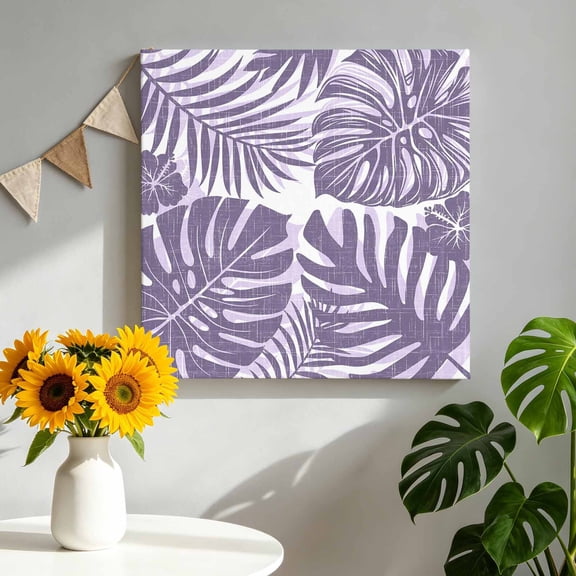 Purple Palm Leaves Canvas Wall Art, Tropical Botanical Minimalist Modern Framed Canvas Wall Decor Picture Print Artwork Decorations for Living Room Office Ready to Hang 10" x 10"