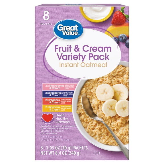 Great Value Fruit and Cream Instant Oatmeal Variety Pack, 1.05 oz, 8 Count