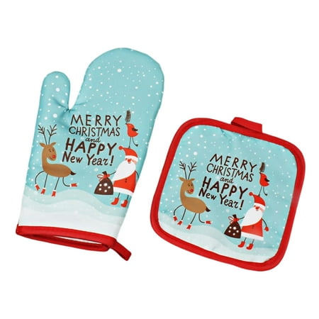 

LYU 2Pcs/Set Christmas Oven Mitt with Pot Holder Anti-scalding Heat-resistant Hanging Loop Thicker Heat Insulation Washable Xmas Santa Claus Kitchen Glove for Cooking