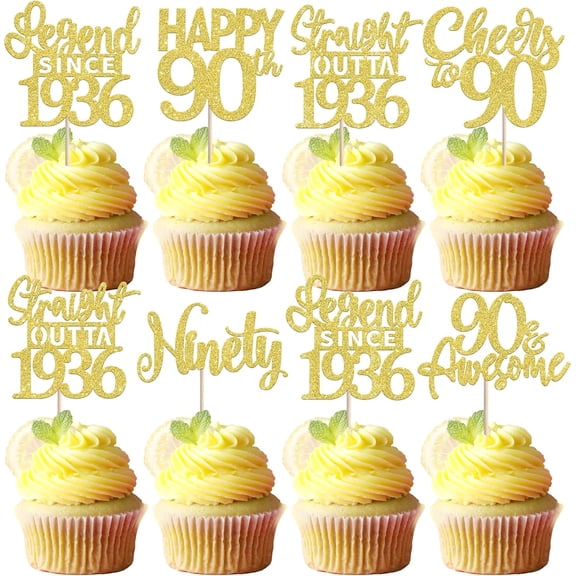12 PCS Gold Glitter 90th Birthday Cupcake Toppers, Cheers to 90 Picks for 90 Years Old Birthday Party Decorations