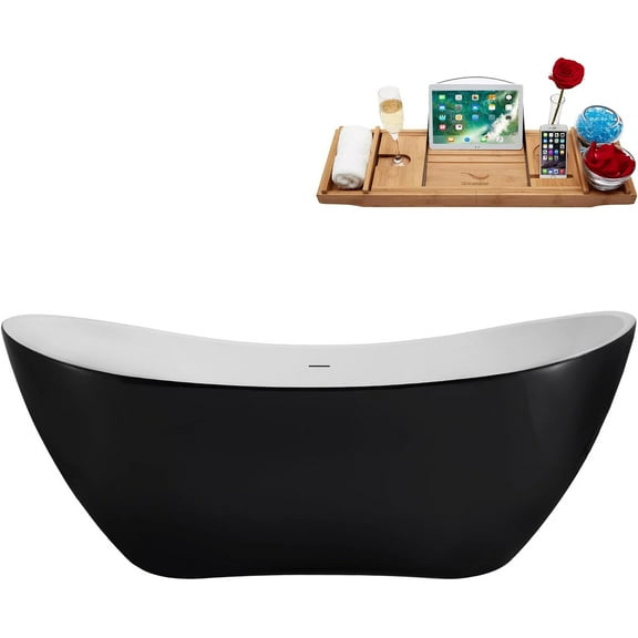 71" Streamline NB6380BGL Soaking Glossy Black Freestanding Tub and Tray With Internal Drain in Brushed Gold