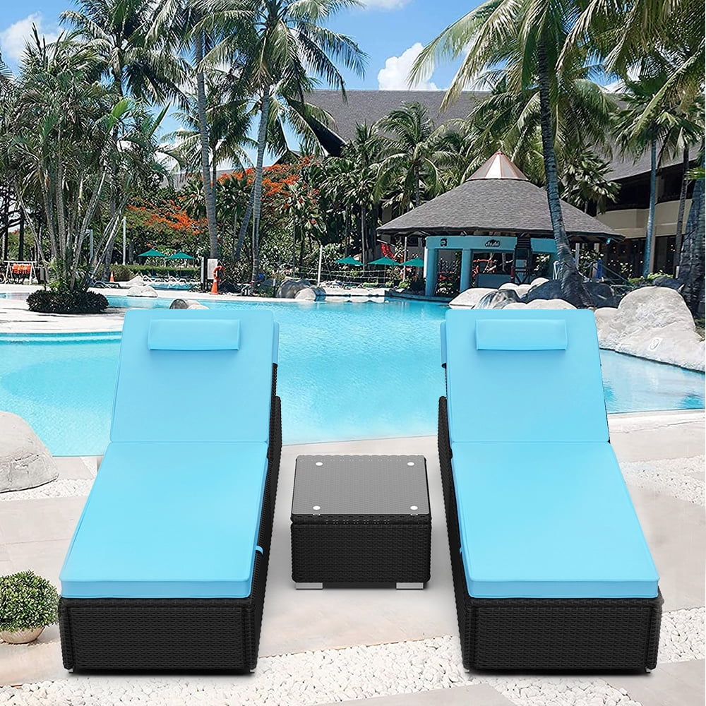 3 Pieces Outdoor Patio Chaise Lounges Set, Rattan Wicker Chaise Lounge Chairs with Cushion and