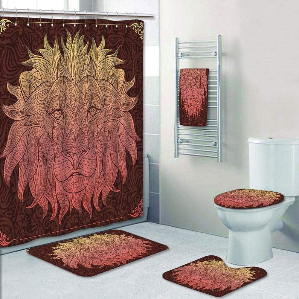PRTAU Maroon 5 Piece Bathroom Set Shower Curtain Bath Towel Bath Rug