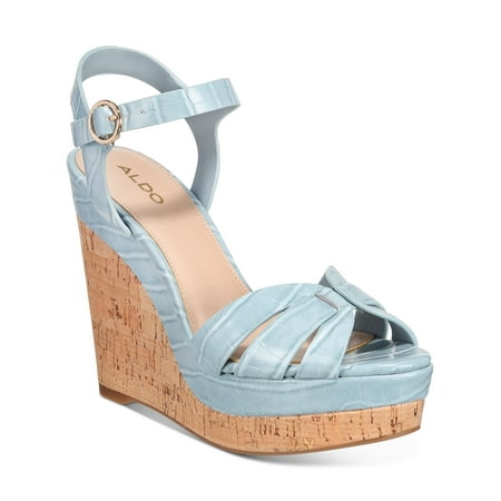 

ALDO Womens Light Blue Croc 1 Platform Strappy Stretch Gore Padded Ankle Strap Manglietia Almond Toe Wedge Buckle Slingback Sandal 11