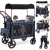 Vomeast Wagon Stroller for 2 Kids, 3-in-1 Wagon Stroller with Canopy, 5-Point Harness, Adjustable Handlebars, Removable Seat for Toddlers, Blue