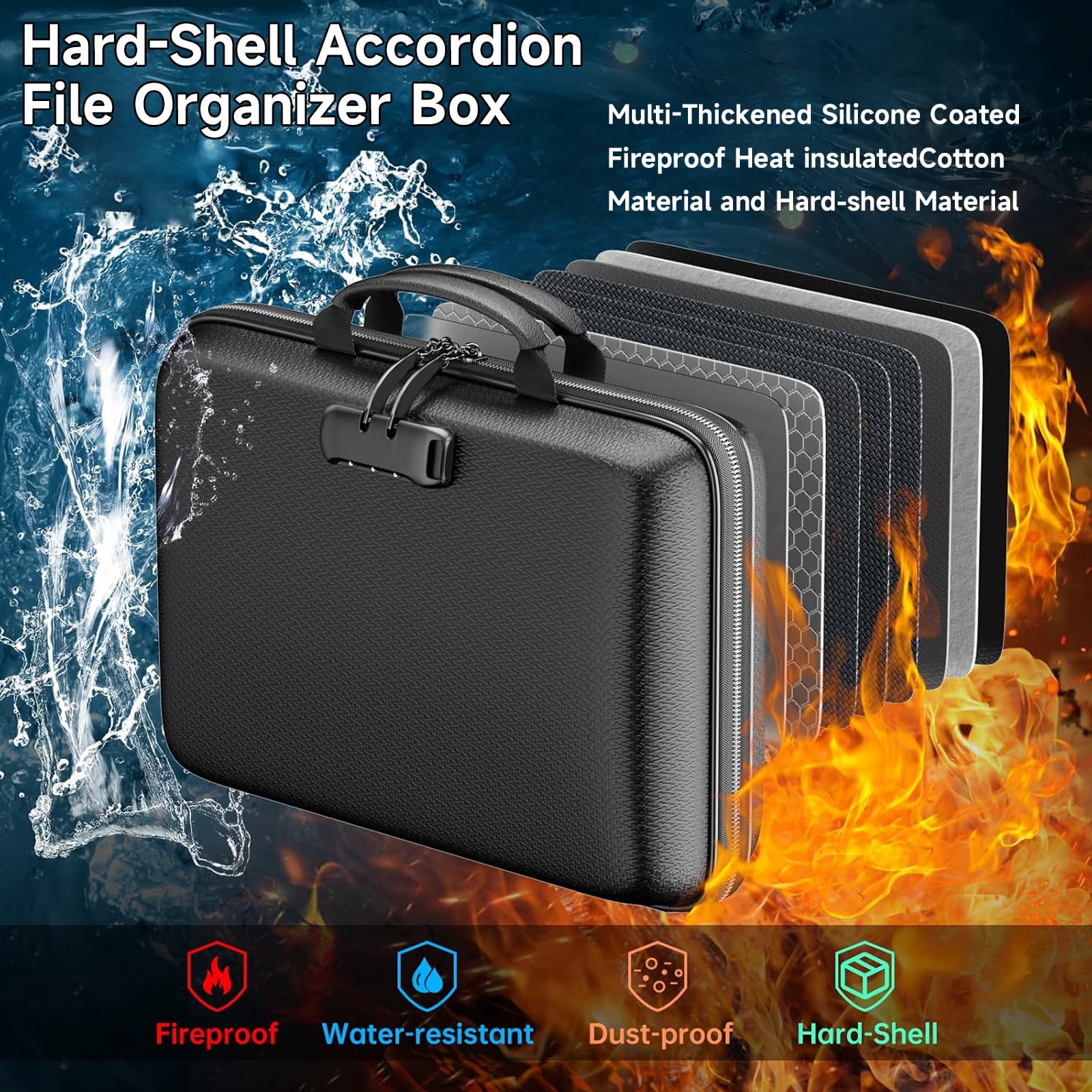 OUTGOO Fireproof File Organizer with Lock, Hard-Shell Case Fireproof Document Box with 13 Pocket Accordion File Folder, Portable Home Office Travel Safe Storage for Important Documents Laptop Black