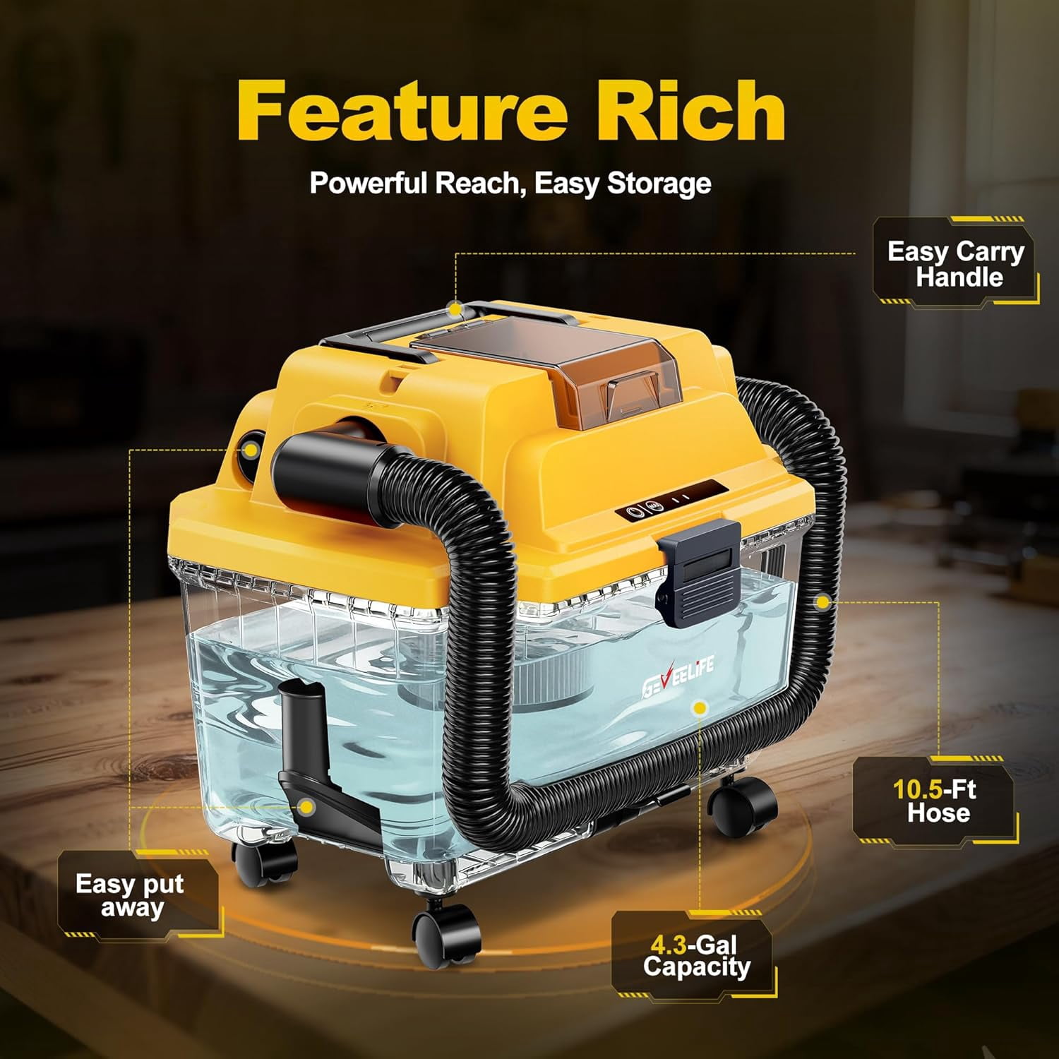 GEVEELIFE Cordless Shop Vac Wet and Dry, 4.3 Gallon Shop Vac with 5.0Ah Battery Powered, Fast Charger, HEPA Filter, Strap & Wheels, 3-in-1 Wet Dry Vacuum Cleaner for Garage, Car, Workshop