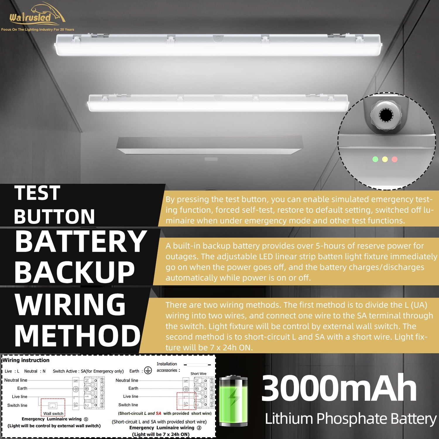 4FT LED Vapor Tight Emergency Light, Battery Backup IP65 20W/40W Vapor Proof Fixture, 3000K/4000K/5000K CCT 2500lm/5000lm Selectable, Dimmable 4 Foot Outdoor Carport Waterproof Shop Light Fixture,FCC