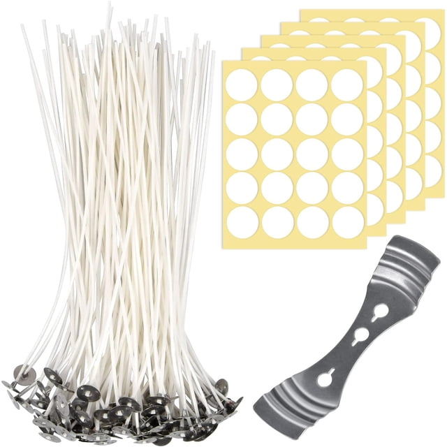 Candle Wicks, 100 Pcs Cotton Candle Wick Pre Waxed Candle Wicks with Stainless Steel Wick Fixed Holder and 100PCS Double-sided Dots Wick Stickers