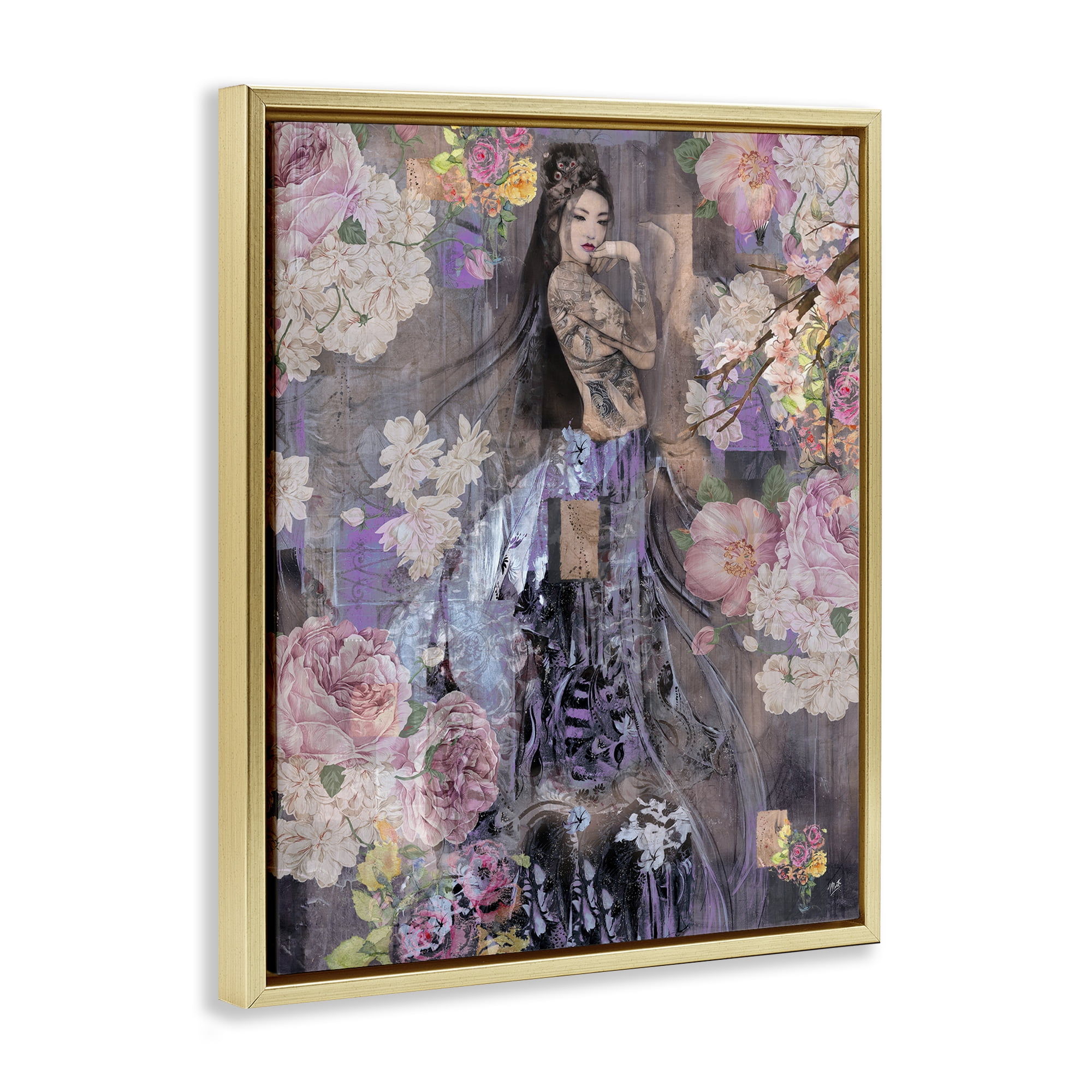 Stupell Industries Expressive Flowers & Woman People Painting Gold Floater Framed Canvas Art Print Wall Art, 25 x 31