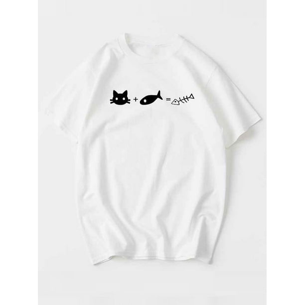 Men's Cat & Fish Humorous Math Equation Graphic T-Shirt - 100% Cotton Casual Short Sleeve Round Neck Tee for Pet Lovers, Summer Comfort Fit, Cat T Shirt, Comfortable Fit Shirt, Casual Sporty Tee