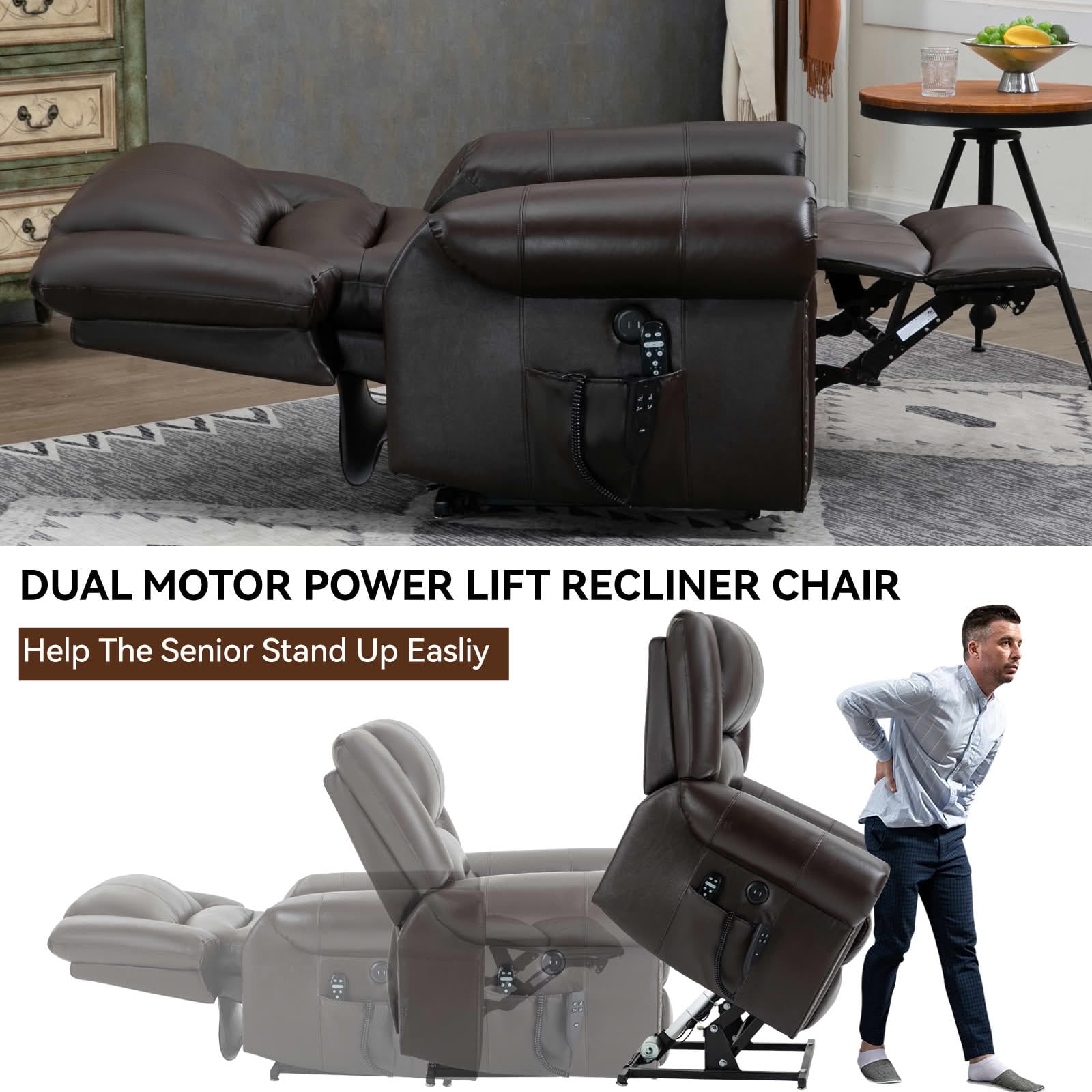 MAYEERTY Brown Genuine Leather Dual Motor Power Lift Recliner, 350lbs Massage Heat USB Ports 40"x38"x41" for Elderly
