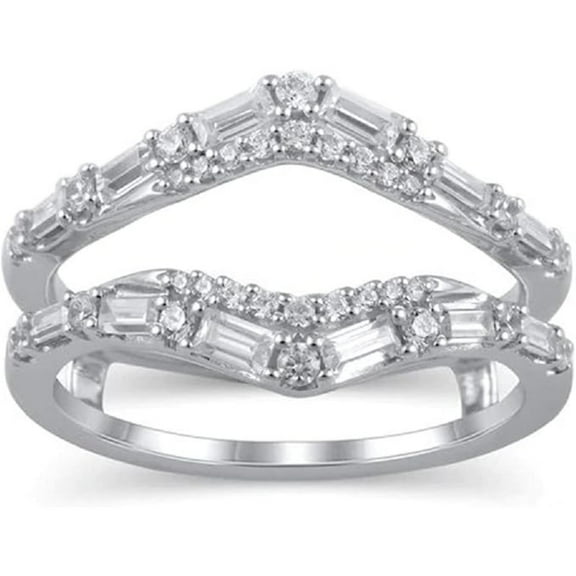 Baguette & Round Cut Moissanite Diamond 14k White Gold Plated 925 Sterling Silver Enhancer Wrap Engagement Wedding Ring For Her