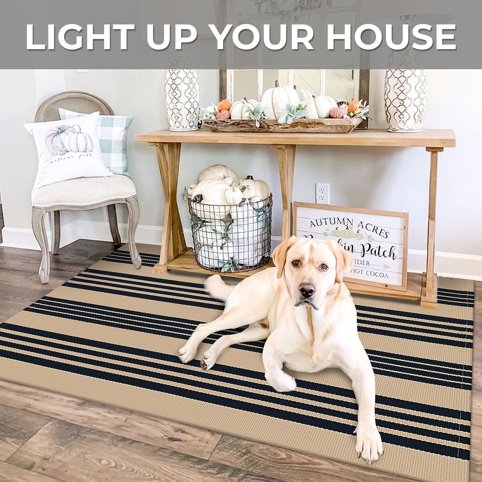 iOhouze Outdoor Rugs Brown and Black Cotton Striped Area Rug 3x5 ft Washable Indoor Outdoor Non Slip Floor Carpet Rug