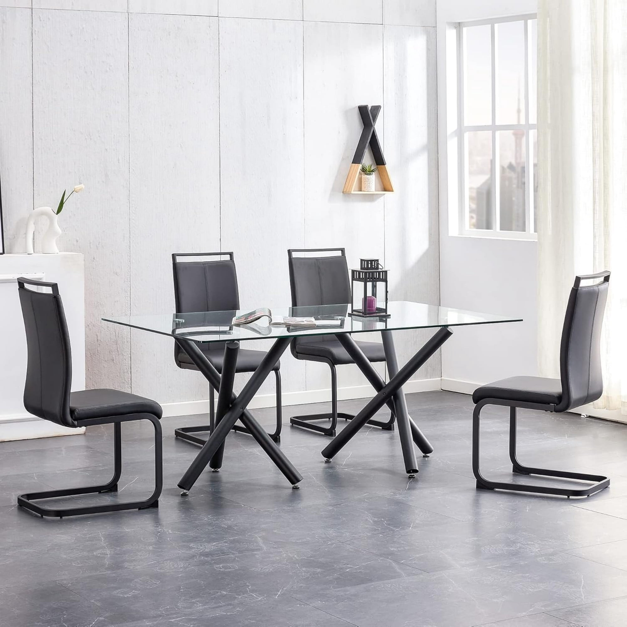 TesNus Modern Dining Set of 4, Side Chairs With Black Frame, Faux Leather Padded Seat High Back for Kitchen, Dining Room, Living Room - Black