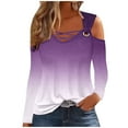 thumbnail image 2 of QUNYINEY Purple Tshirts Shirts for Women Long Sleeve Casual Gradient V-Neck Tops Loose Cut Out Cold Shoulder Pullover T-Shirts, 2 of 5