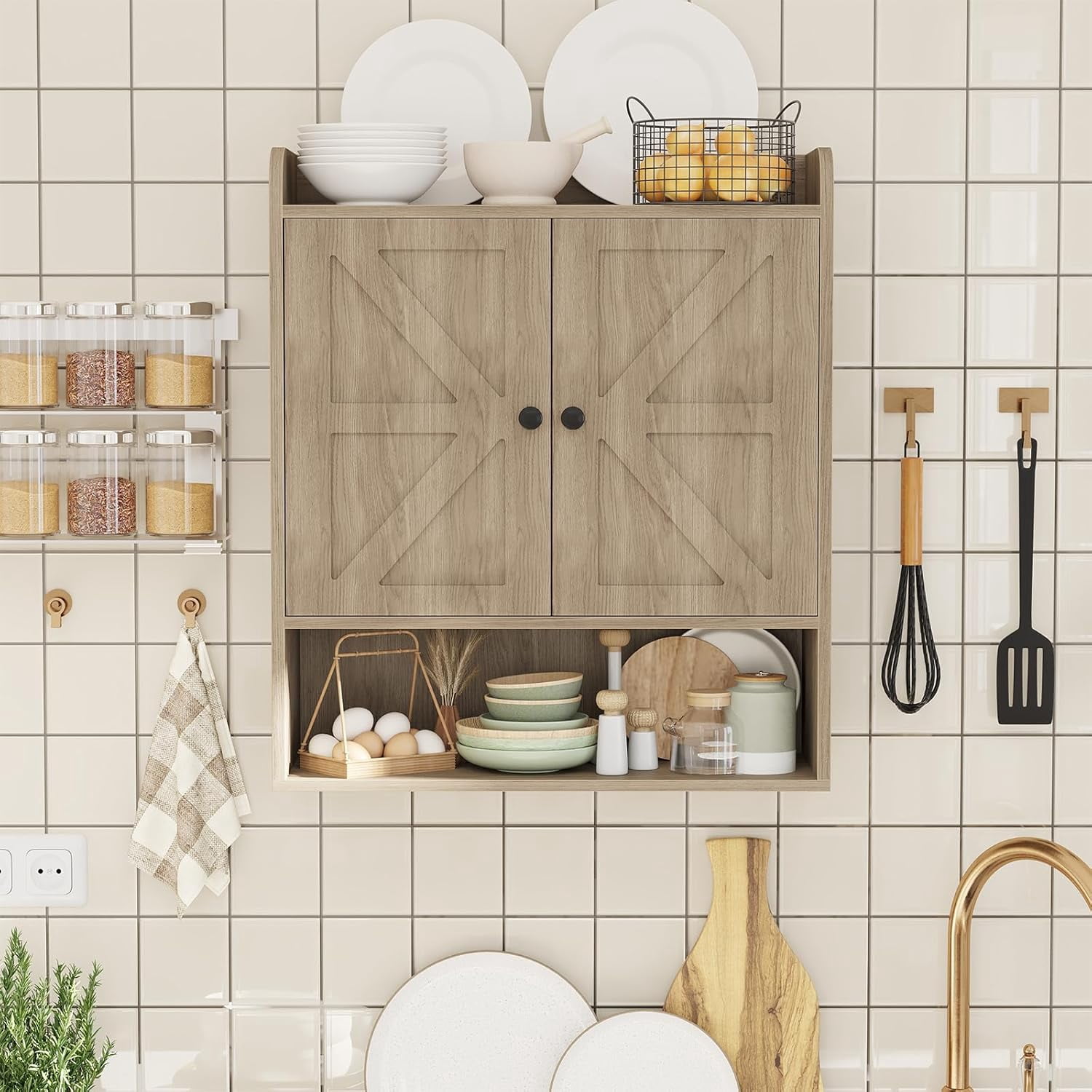 POAO Bathroom Wall Storage Cabinet, Wooden Medicine Cabinet with Adjustable Shelves and Double Barn Doors, Over The Toilet Storage Cabinet, Oak Grey