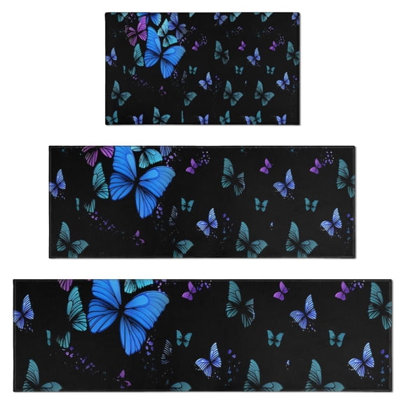 Black Butterfly Pattern Kitchen Rugs Sets Of 3,Kitchen Runner Rugs Non Skid Washable,Decorative Kitchen Floor Mats for Kitchen,Sink,Laundry,17"x30"  17"x47"   17"x59"