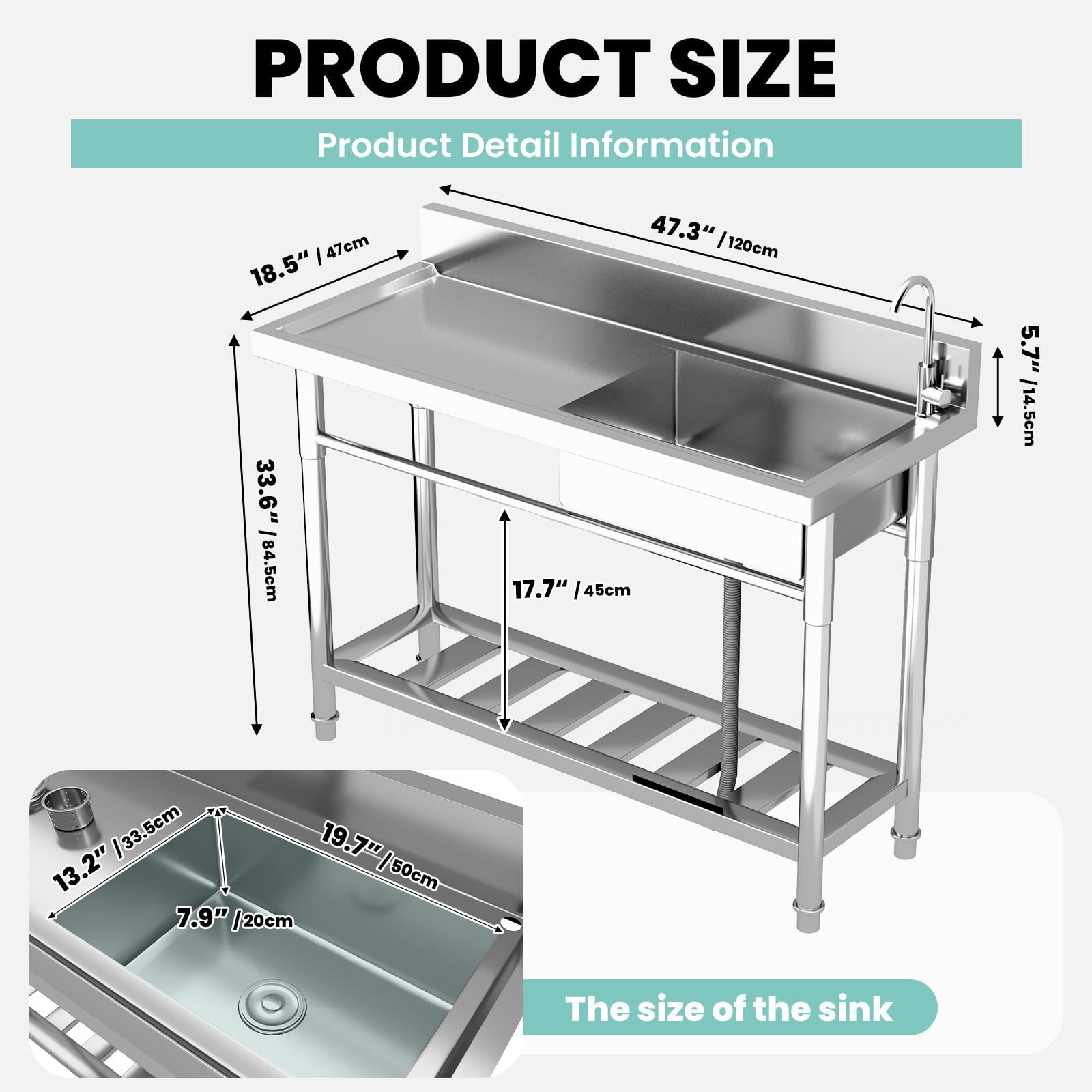 300Lbs-Load capacity stainless steel Single Sink,47.3''*18.5''*33.6'' Stainless Steel Utility Sink, Free Standing Single Bowl Kitchen Sink Set with Faucets Hot & Cold Water Pipes for Food Truck, Bar,