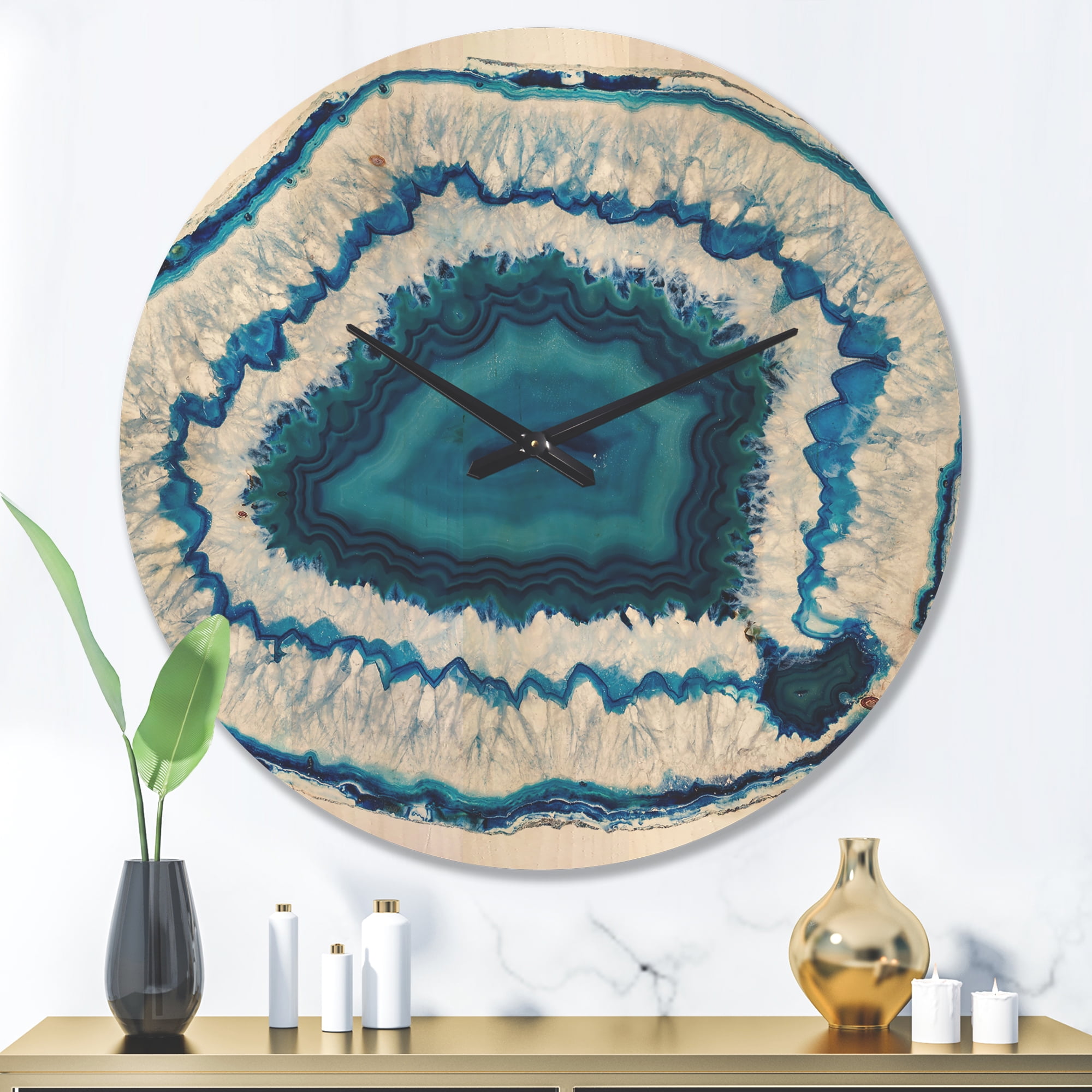 Designart 'Blue and White Agate Crystal' Modern Wood Wall Clock