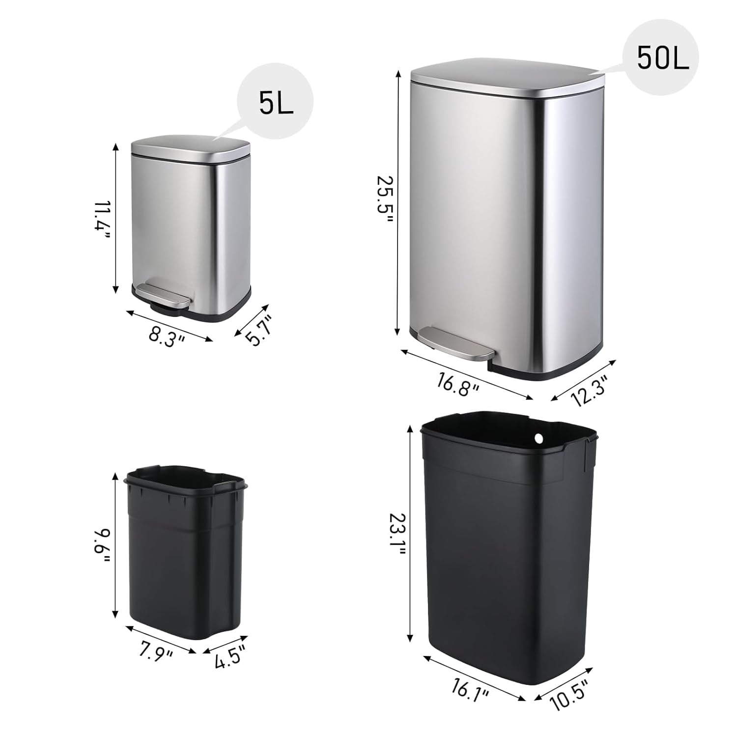 LAZY BUDDY 13.2+1.3 Gallon Kitchen Trash Can, Stainless Steel Garbage Bin Soft-Close Lid & Foot Pedal for Home Office