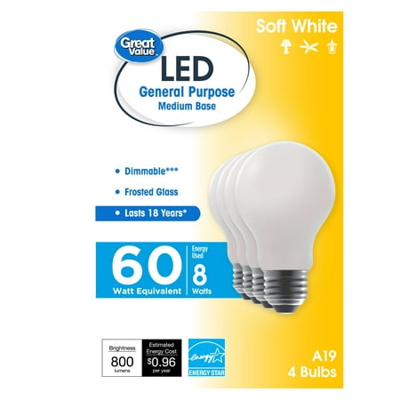 

Great Value 18 Year LED Light Bulbs A19 60 Watts Equivalent 8 Watts Efficient Dimmable Soft White Frosted Glass 4 Pack
