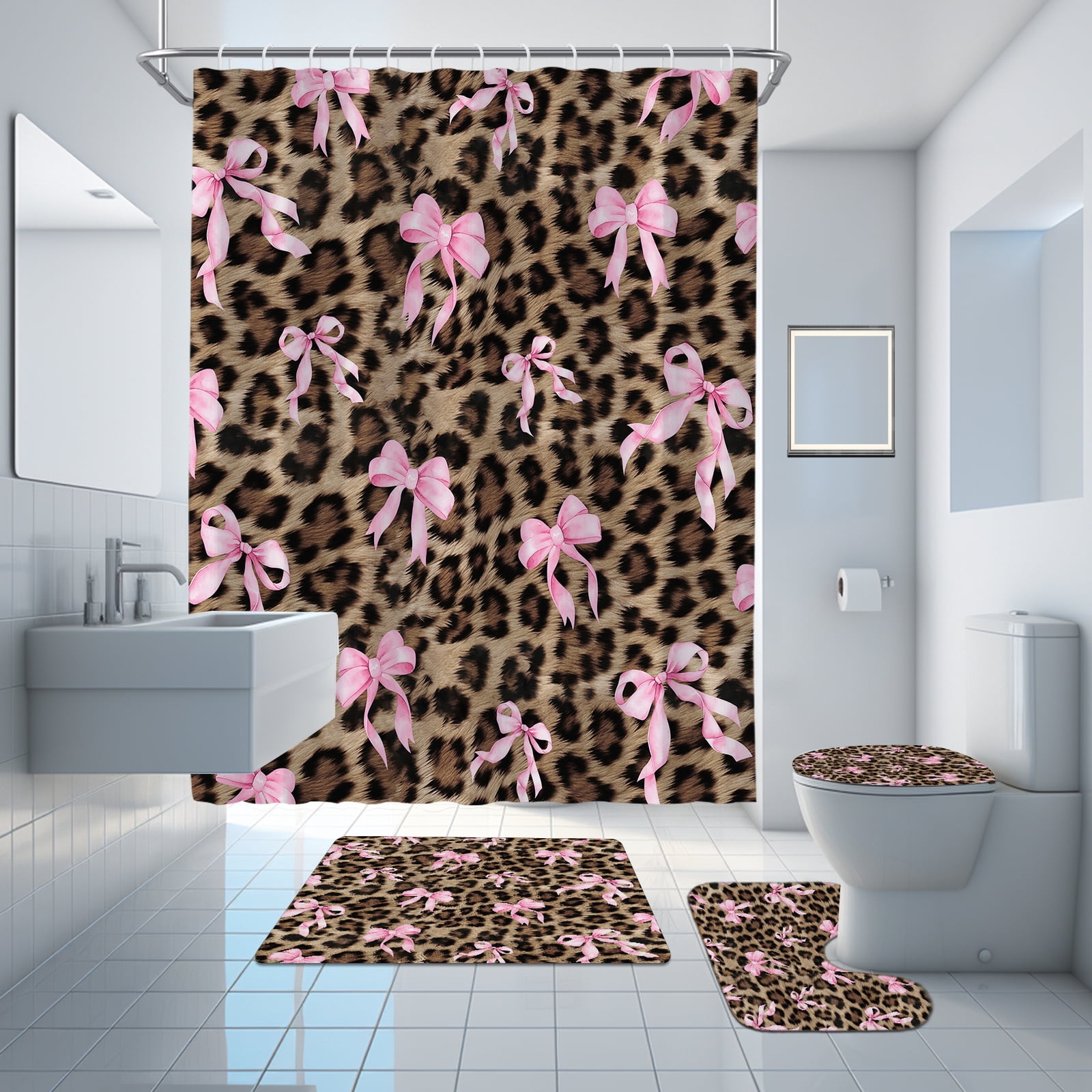 Hadint 4Pcs Brown Pink Leopard Print Bow Pattern Shower Curtain Set, Shower Curtain and Rug Set, 12 Pcs Hooks, 71inx71in