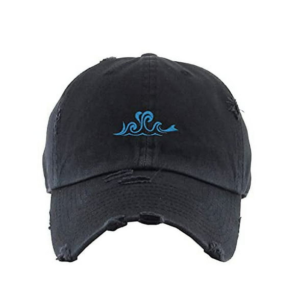 Ocean Wave Vintage Baseball Cap Embroidered Cotton Adjustable Distressed Dad Hat Brush Black