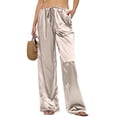 thumbnail image 5 of Womens Silk Satin Pajama Pants Casual Loose Lounge Pants Drawstring Elastic Waist Wide Leg Pj Bottoms with Pockets Beige XS, 5 of 5