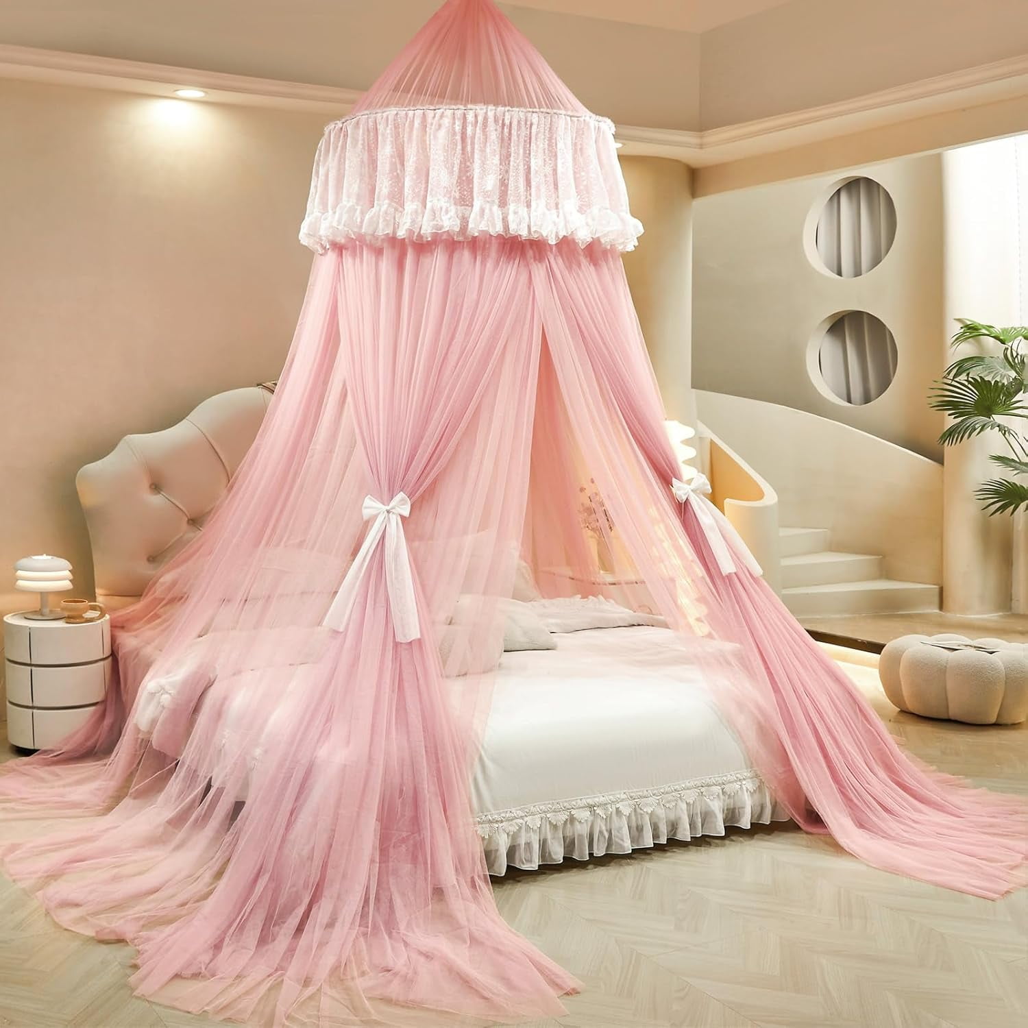 Princess Bed Canopy for Girls – Double Layer Sheer Mesh Dome with Romantic Lace Trim, Dreamy Mosquito Net Tent for Twin/Full/Queen/King Beds(White)