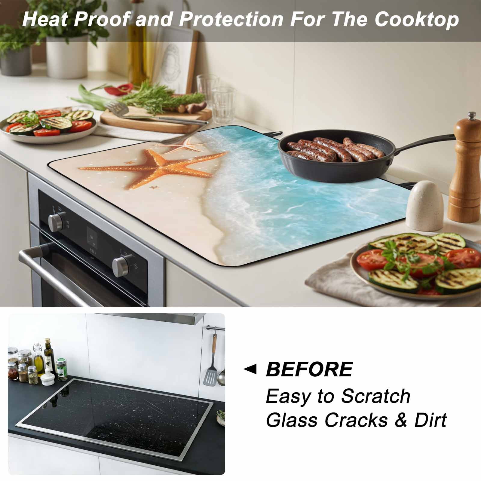 Coastal Starfish Stove Top Cover for Electric Stove, Heat-proof & Non Slip Glass Top Stove Cover Protector, Simple Summer Nautical Ocean Beach Kitchen Flat Cooktop Rubber Mat 24x21 Inches