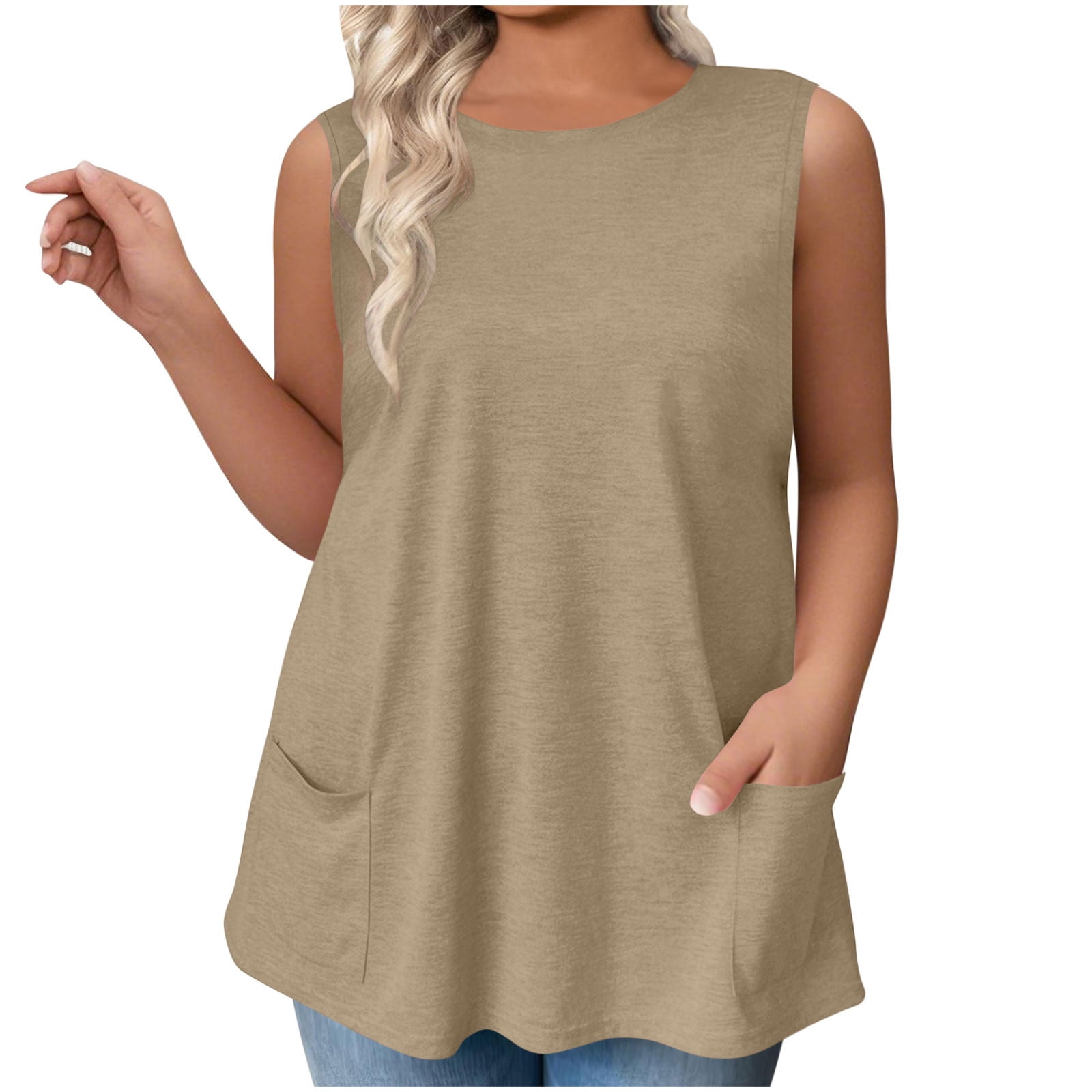 ylioge L-4X Womens Plus Size Tank Tops with Pockets Sleeveless Crewneck Vests Ladies Casual Solid Color Loose Pullover Going-Out Loungewear Cami Top