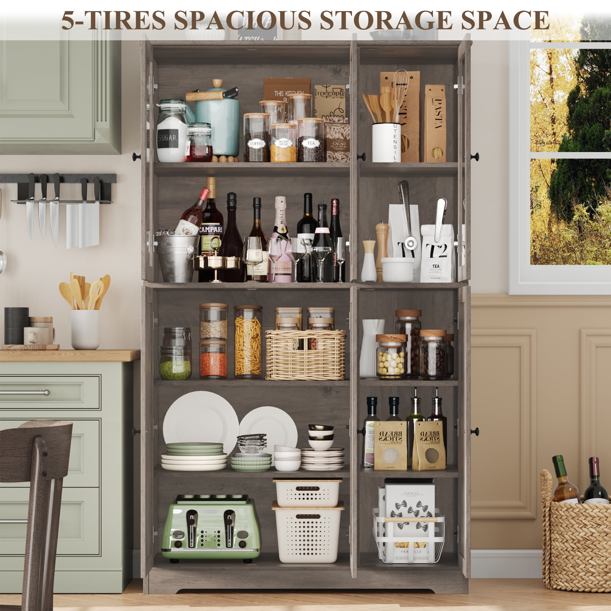 Homfa 69" Tall Bookshelf, 5-Tiers Large Bookcase with Glass Doors and Hutch Storage Cabinet for Living Room Kitchen Office, Gray