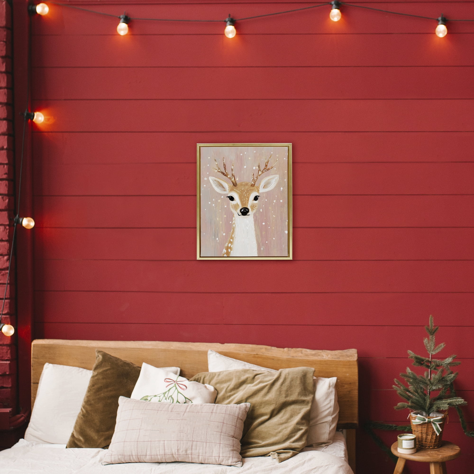 Stupell Industries Blush Pink Deer with Snowflakes Gold Framed Floater Canvas Wall Art, design by The Prints Vibe