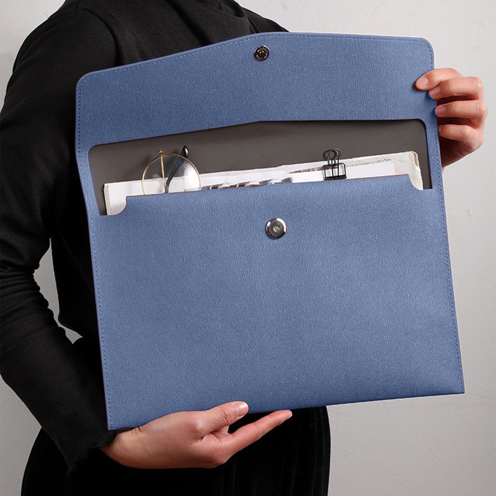 PU Leather A4 File Folder Document Holder - Waterproof Portfolio Envelope With Snap Closure, 2 Pack Black