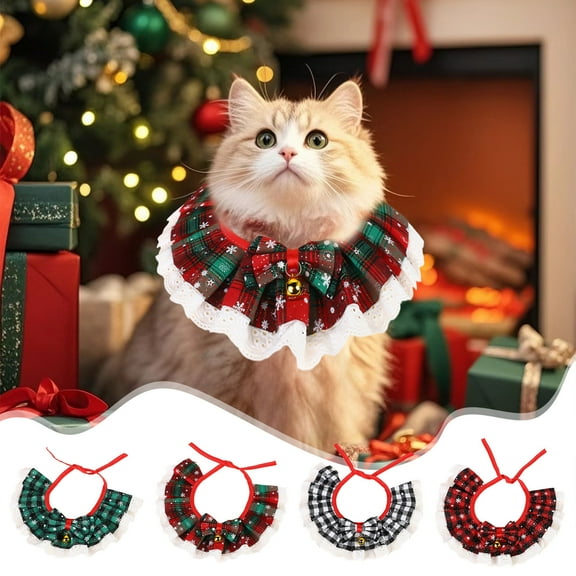 Fwttom Christmas Cat Collars - Festive Plaid & Delicate Lace Cat Christmas Outfit with Adjustable Straps & Jingle Bells - Christmas Decorations Adorable Holiday Pet Accessories Gift for Cats