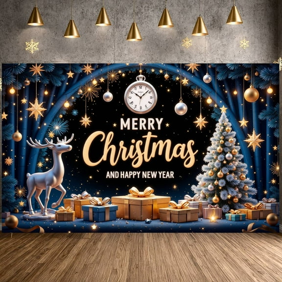 Golden Decor Christmas Banner Reindeer Design Holiday Backdrop Gift Boxes Snowflake Pattern New Year Background for Christmas Celebration New Year Party Indoor Decoration