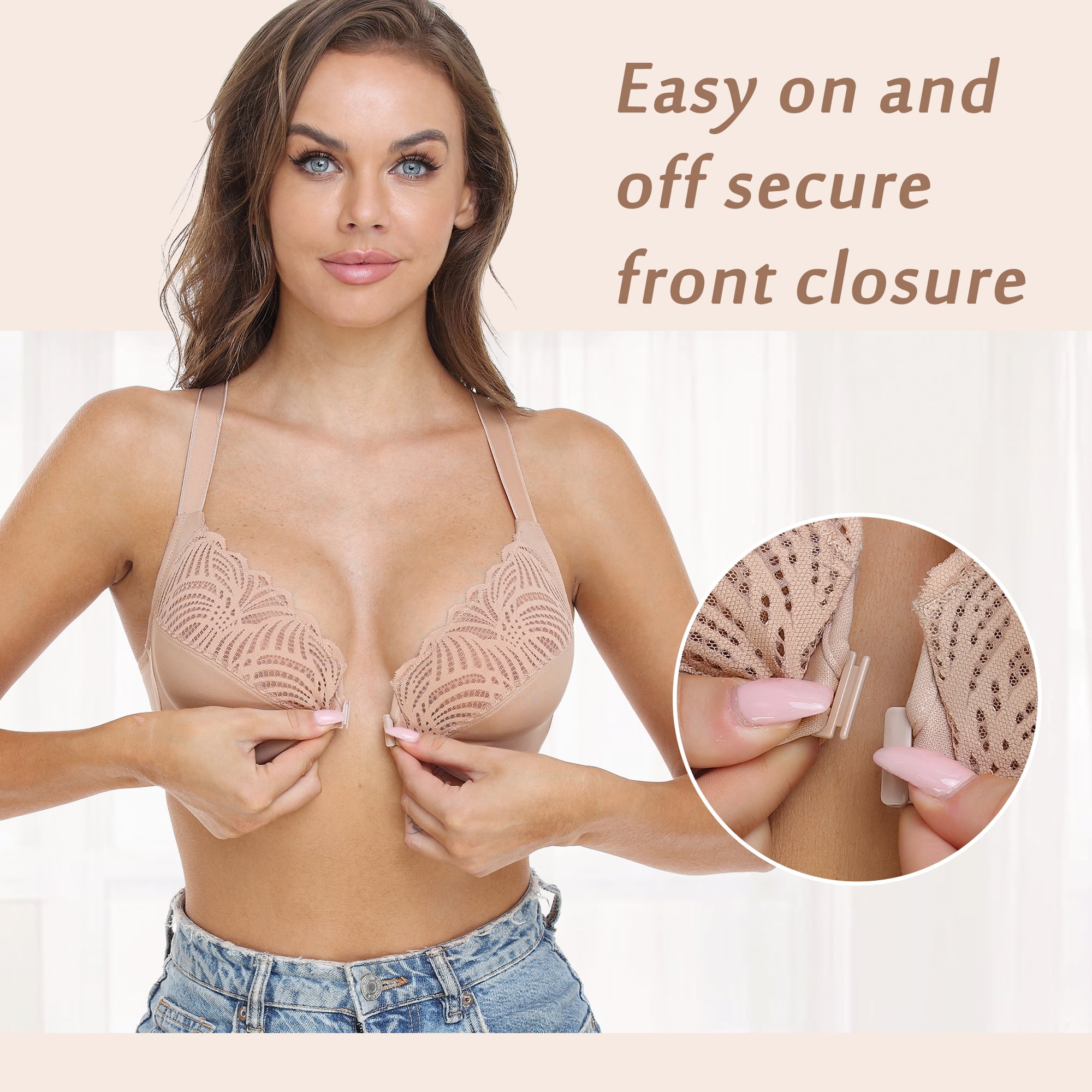 Exerin Racerback Full Figure Underwire Women's Front Close Bra Seamless Unlined Bra(Beige,38D)