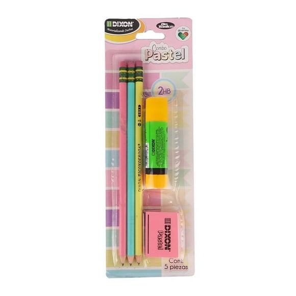 Set de lápices Dixon pastel con adhesivo y goma 5 pzas
